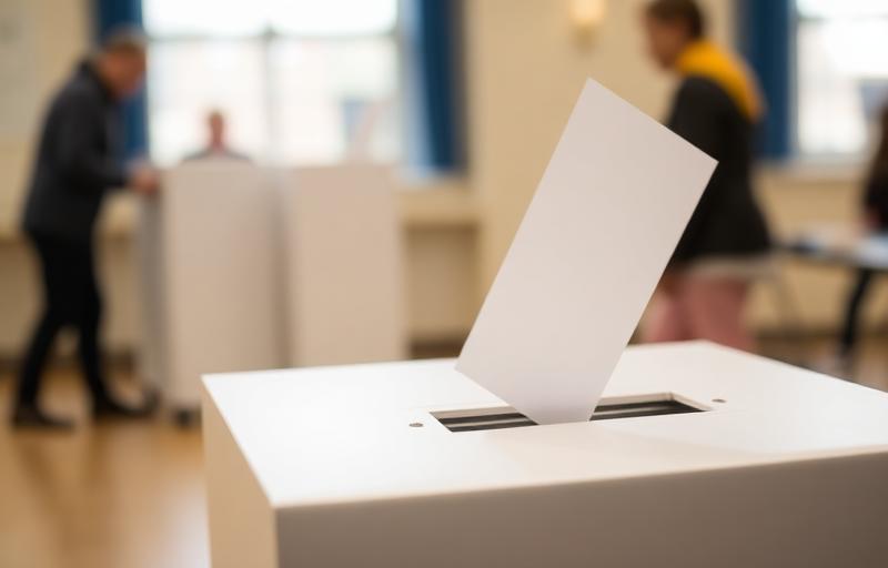 A voter placing a ballot into a ballot box