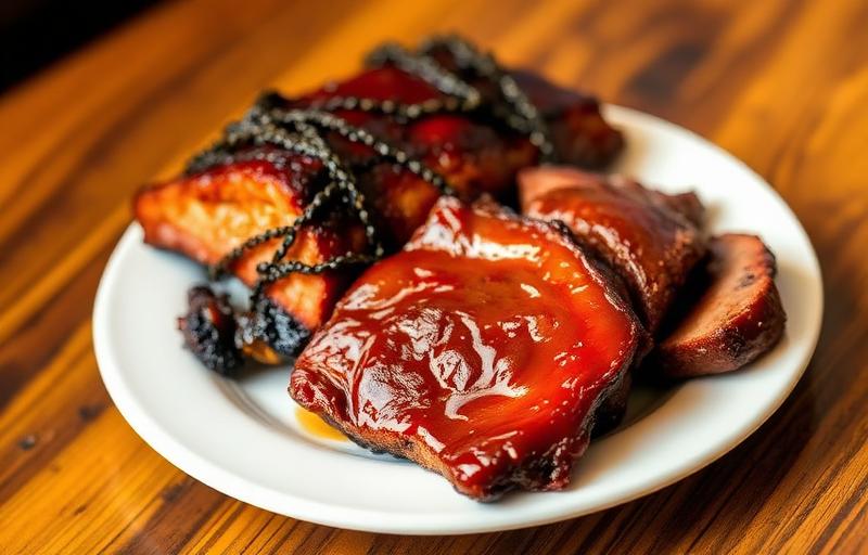 A plate of barbecue ribs and brisket