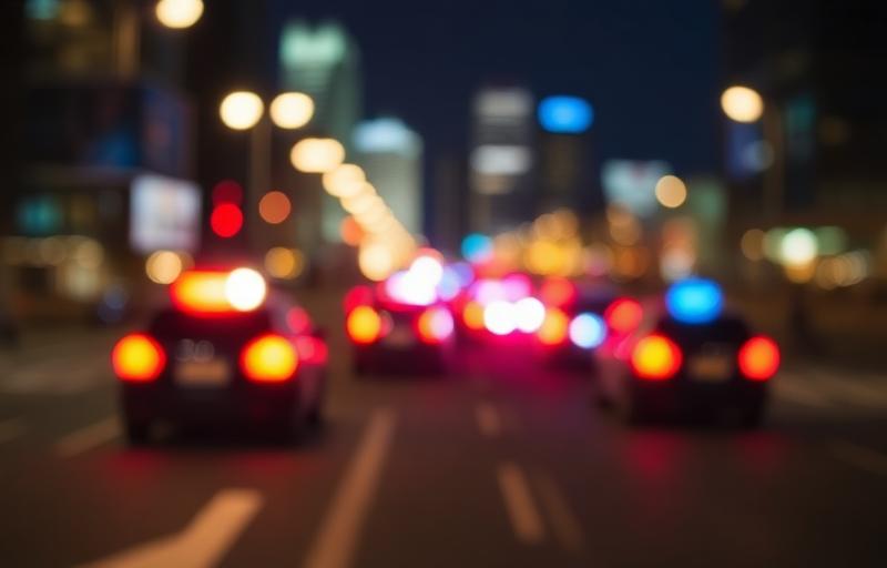 Police lights blurred against a city street at night