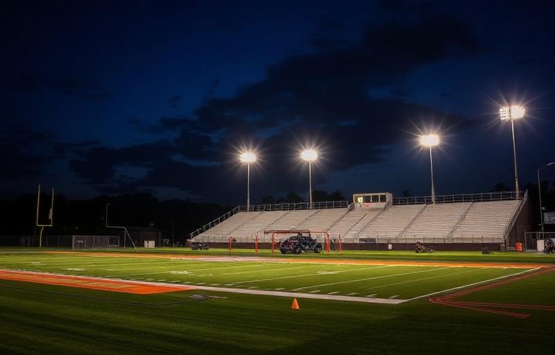 High school football stadium lights at night