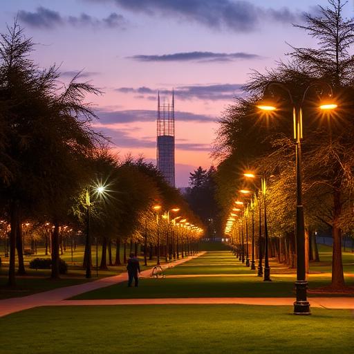 A Texarkana public park at twilight lit by lampposts