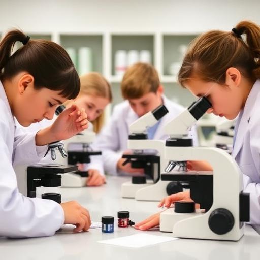 Students using microscopes in a school science lab